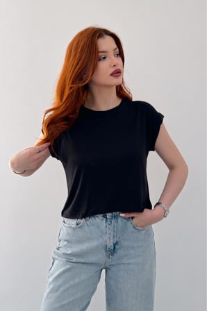 Kadın Lacivert Bisiklet Yaka Kısa Basic T-Shirt NJ137