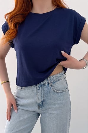 Kadın Lacivert Bisiklet Yaka Kısa Basic T-Shirt NJ137