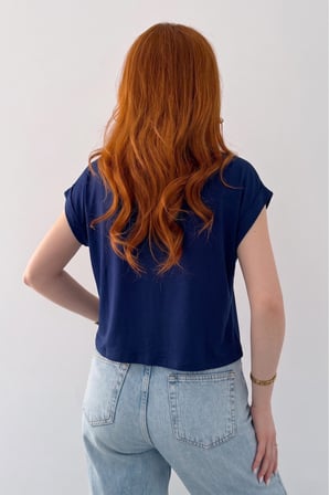 Kadın Lacivert Bisiklet Yaka Kısa Basic T-Shirt NJ137