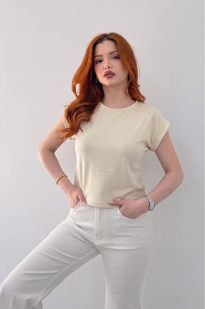 Kadın Krem Bisiklet Yaka Kısa Basic T-Shirt NJ137