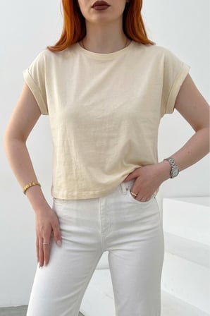 Kadın Krem Bisiklet Yaka Kısa Basic T-Shirt NJ137