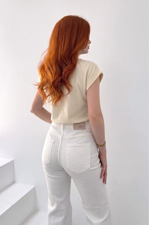 Kadın Krem Bisiklet Yaka Kısa Basic T-Shirt NJ137
