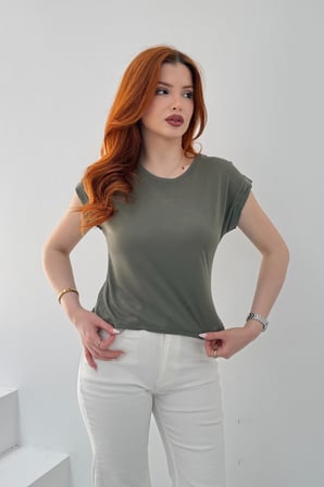 Kadın Lacivert Bisiklet Yaka Kısa Basic T-Shirt NJ137