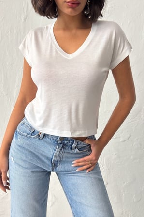 Kadın Somon V Yaka Kısa Basic T-Shirt NJ138