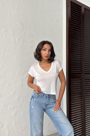 Kadın Somon V Yaka Kısa Basic T-Shirt NJ138