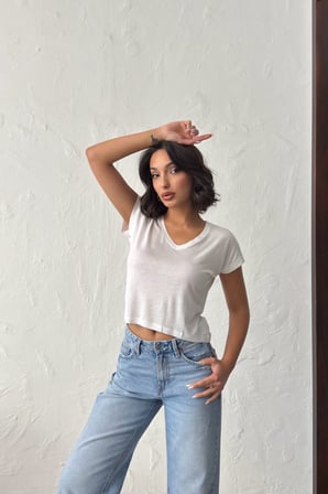Kadın Somon V Yaka Kısa Basic T-Shirt NJ138