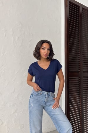 Kadın Somon V Yaka Kısa Basic T-Shirt NJ138
