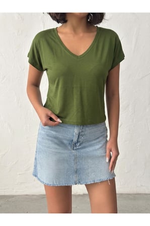 Kadın Somon V Yaka Kısa Basic T-Shirt NJ138