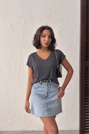 Kadın Somon V Yaka Kısa Basic T-Shirt NJ138