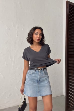 Kadın Somon V Yaka Kısa Basic T-Shirt NJ138
