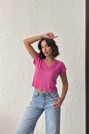 Kadın Somon V Yaka Kısa Basic T-Shirt NJ138