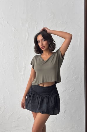 Kadın Somon V Yaka Kısa Basic T-Shirt NJ138