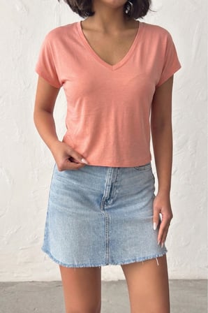 Kadın Somon V Yaka Kısa Basic T-Shirt NJ138