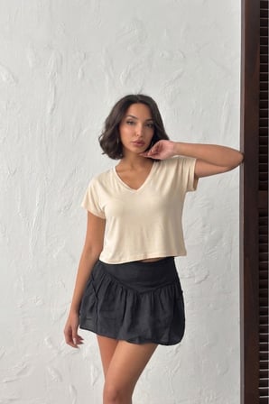 Kadın Somon V Yaka Kısa Basic T-Shirt NJ138