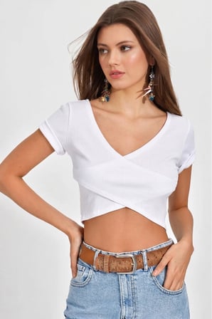 Kadın Beyaz Kruvaze Crop Bluz APP1109