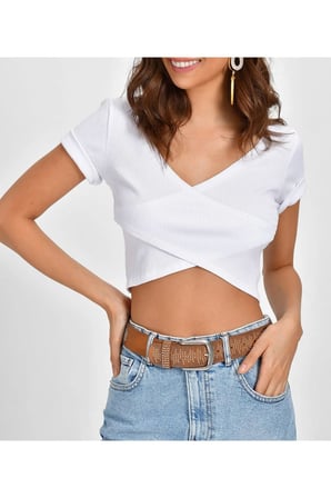 Kadın Beyaz Kruvaze Crop Bluz APP1109