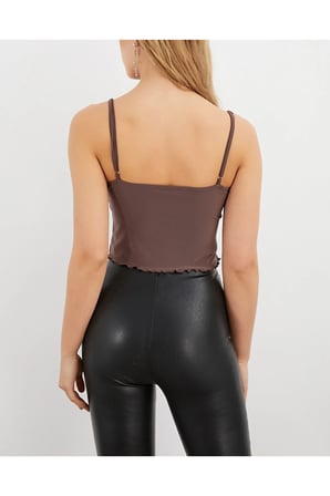 Kadın Kahverengi Dantelli Crop Atlet Bluz APP1192