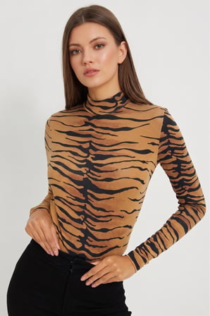 Kadın Camel Zebra Desen Bluz APP1197