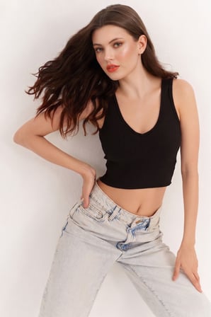 Kadın Vizon V Yaka Crop Bluz APP1210