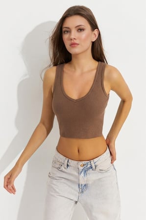 Kadın Vizon V Yaka Crop Bluz APP1210