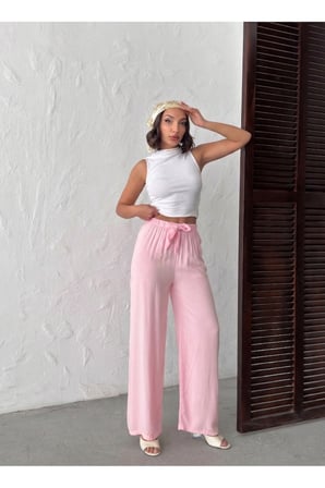 Kadın Pembe Elastik Bel Dökümlü Pantolon NJ139