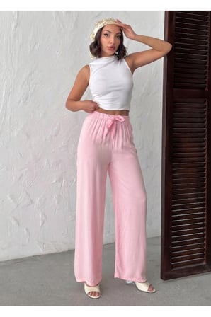 Kadın Pembe Elastik Bel Dökümlü Pantolon NJ139