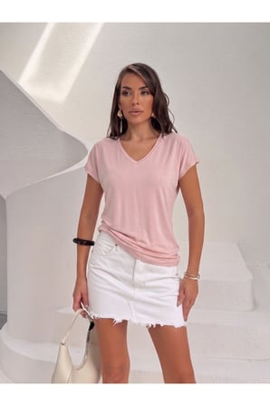 Kadın Lacivert V Yaka Dökümlü Basic T-Shirt NJ142