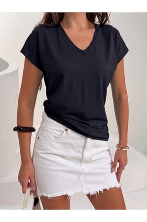 Kadın Lacivert V Yaka Dökümlü Basic T-Shirt NJ142