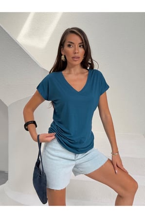 Kadın Petrol V Yaka Dökümlü Basic T-Shirt NJ142