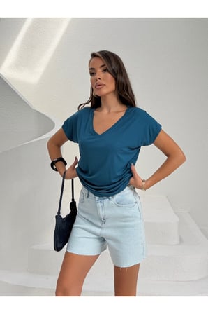 Kadın Petrol V Yaka Dökümlü Basic T-Shirt NJ142
