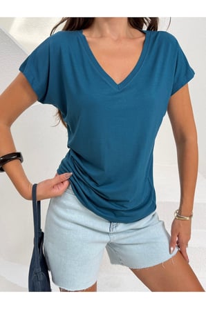 Kadın Lacivert V Yaka Dökümlü Basic T-Shirt NJ142