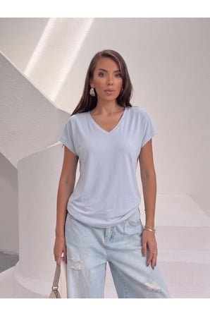 Kadın Lacivert V Yaka Dökümlü Basic T-Shirt NJ142