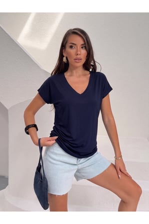 Kadın Lacivert V Yaka Dökümlü Basic T-Shirt NJ142