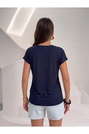 Kadın Lacivert V Yaka Dökümlü Basic T-Shirt NJ142