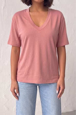 Kadın Gül Kurusu V Yaka Kısa Kollu Basic T-Shirt NJ144