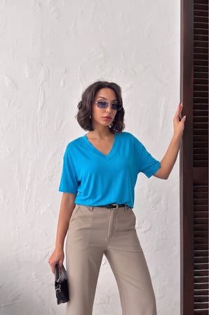 Kadın Gül Kurusu V Yaka Kısa Kollu Basic T-Shirt NJ144