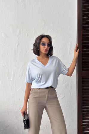 Kadın Gül Kurusu V Yaka Kısa Kollu Basic T-Shirt NJ144