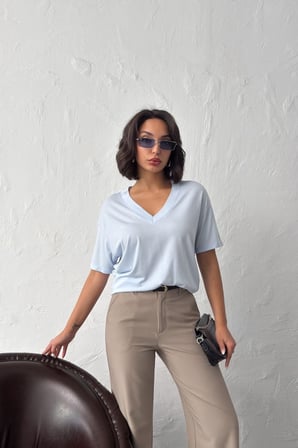 Kadın Gül Kurusu V Yaka Kısa Kollu Basic T-Shirt NJ144