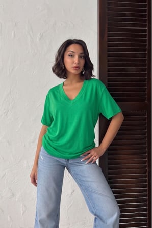 Kadın Gül Kurusu V Yaka Kısa Kollu Basic T-Shirt NJ144