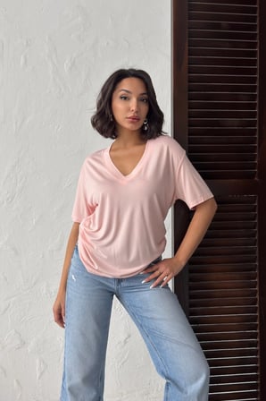 Kadın Gül Kurusu V Yaka Kısa Kollu Basic T-Shirt NJ144