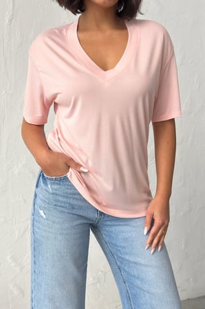 Kadın Gül Kurusu V Yaka Kısa Kollu Basic T-Shirt NJ144
