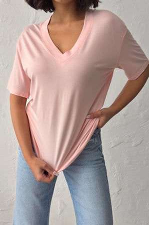 Kadın Gül Kurusu V Yaka Kısa Kollu Basic T-Shirt NJ144