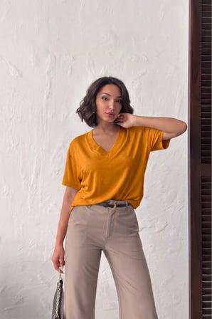 Kadın Gül Kurusu V Yaka Kısa Kollu Basic T-Shirt NJ144