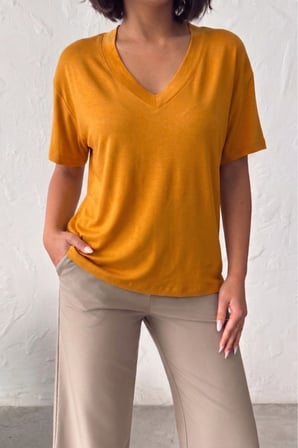 Kadın Gül Kurusu V Yaka Kısa Kollu Basic T-Shirt NJ144