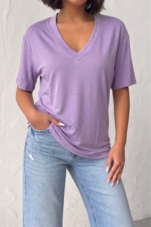 Kadın Gül Kurusu V Yaka Kısa Kollu Basic T-Shirt NJ144