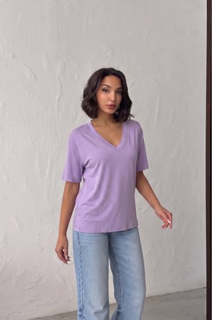 Kadın Gül Kurusu V Yaka Kısa Kollu Basic T-Shirt NJ144