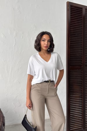 Kadın Gül Kurusu V Yaka Kısa Kollu Basic T-Shirt NJ144