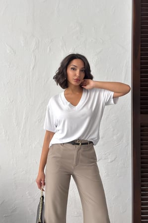 Kadın Gül Kurusu V Yaka Kısa Kollu Basic T-Shirt NJ144