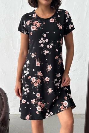 Kadın Siyah Çiçek Desenli Mini Elbise NJ159