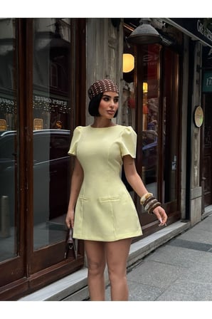 Kadın Sarı Cep Detaylı Mini Balon Elbise YEL221824